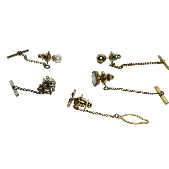 Vintage Lot Of 5 Gold Tone Tie Tacks With Chains & Mixed Designs (6051) - Picture 5 of 5